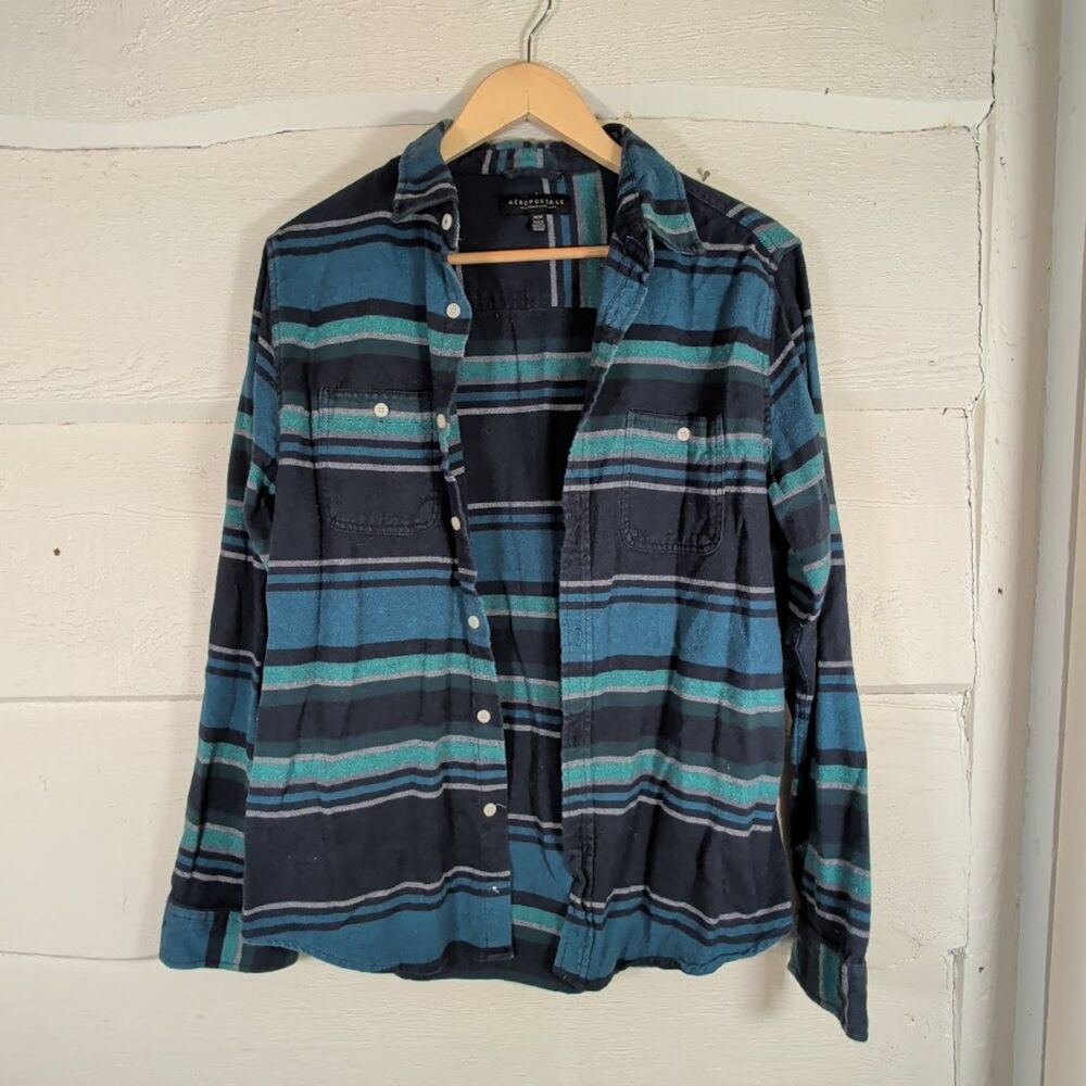 Aeropostale Men's Flannel Shirt - Blue & Green Horizontal Striped - Size M